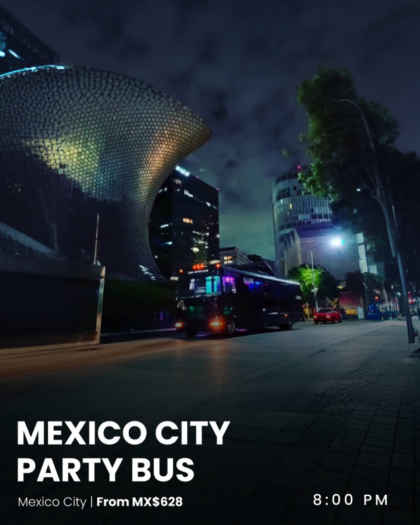Travelers exploring Mexico City at night aboard the La Fête Sauvage Party Bus